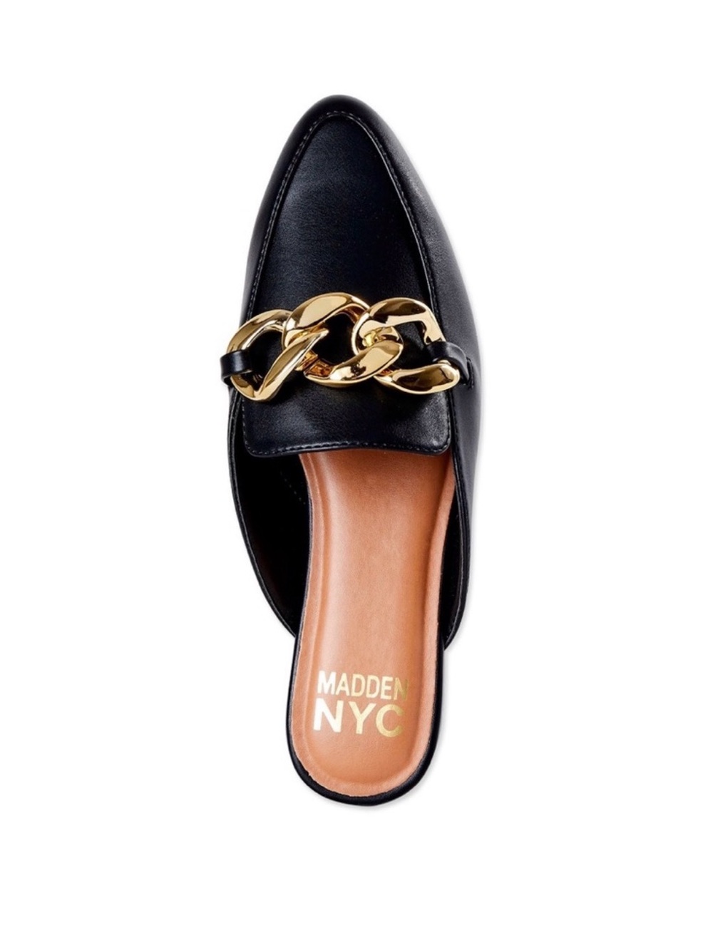 Madden NYC Women's Black Slip-On Mule with Gold Chain Accent